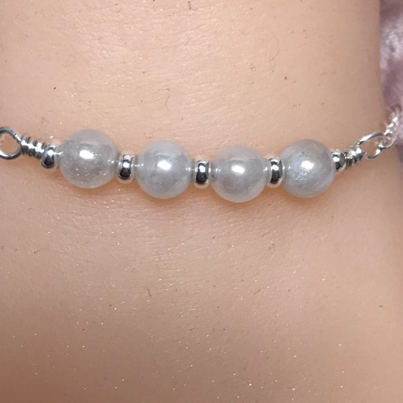 Moonstone Sterling Silver Bracelet- Moonstone Beaded Bar Style Bracelet - Picture 2 of 7